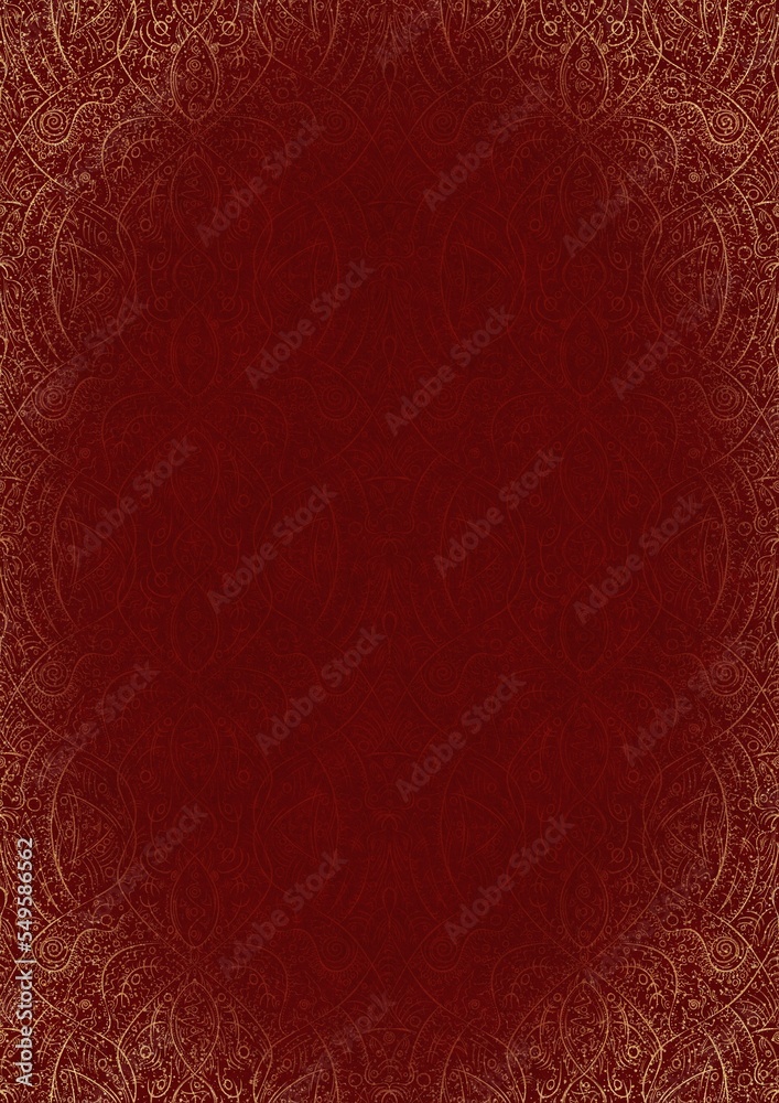 Hand-drawn unique abstract ornament. Light red on a deep red background, with vignette of same pattern and splatters in golden glitter. Paper texture. Digital artwork, A4. (pattern: p08-2e) Hand-drawn unique abstract ornament. Light red on a deep red background, with vignette of same pattern and splatters in golden glitter. Paper texture. Digital artwork, A4. (pattern: p08-2e)
