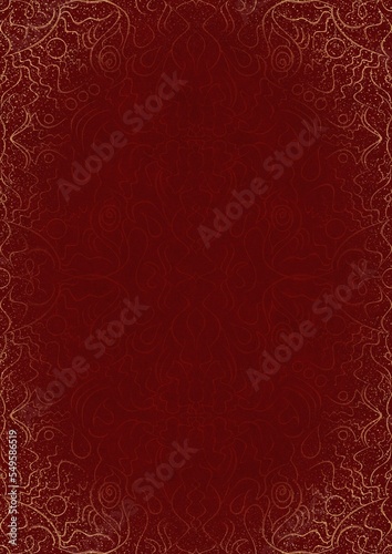 Hand-drawn unique abstract ornament. Light red on a deep red background, with vignette of same pattern and splatters in golden glitter. Paper texture. Digital artwork, A4. (pattern: p07-1d)