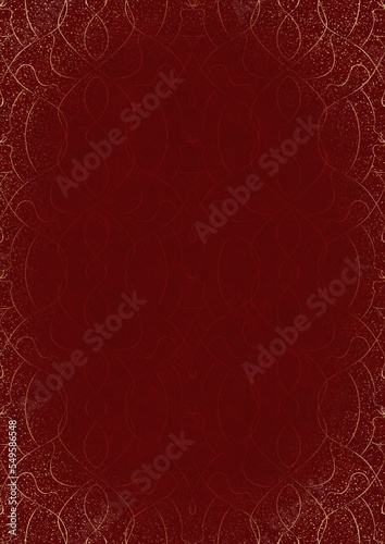 Hand-drawn unique abstract ornament. Light red on a deep red background, with vignette of same pattern and splatters in golden glitter. Paper texture. Digital artwork, A4. (pattern: p08-1e)