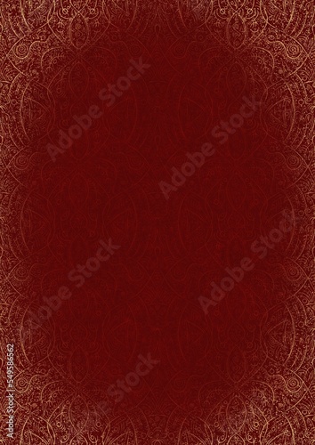 Hand-drawn unique abstract ornament. Light red on a deep red background, with vignette of same pattern and splatters in golden glitter. Paper texture. Digital artwork, A4. (pattern: p08-2e)