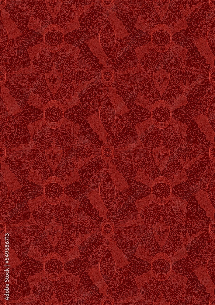 Hand-drawn unique abstract symmetrical seamless ornament. Bright red on a deep red background. Paper texture. Digital artwork, A4. (pattern: p05e)