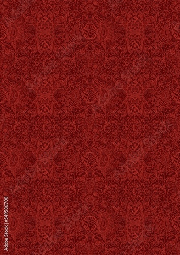 Hand-drawn unique abstract symmetrical seamless ornament. Bright red on a deep red background. Paper texture. Digital artwork, A4. (pattern: p04e)