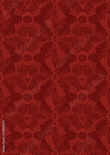 Hand-drawn unique abstract symmetrical seamless ornament. Bright red on a deep red background. Paper texture. Digital artwork, A4. (pattern: p05e)