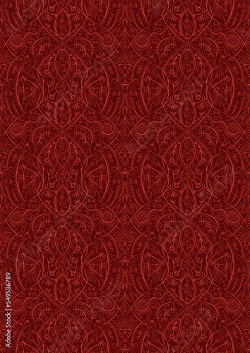 Hand-drawn unique abstract symmetrical seamless ornament. Bright red on a deep red background. Paper texture. Digital artwork, A4. (pattern: p08-2e)