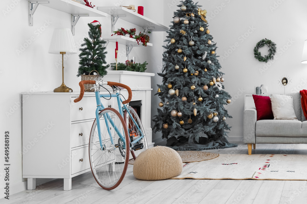 Fototapeta premium Interior of living room with Christmas trees and bicycle