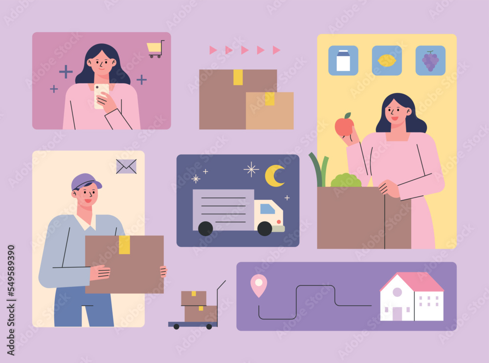A person who does mobile shopping and moves, goods move during the night, delivery man delivers and receives orders. Composed of square frame pieces. A person who does mobile shopping and moves, goods move during the night, delivery man delivers and receives orders. Composed of square frame pieces.