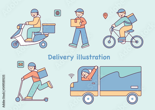 Cute characters delivering deliveries with various vehicles.