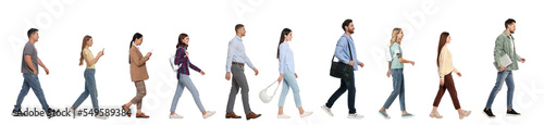 Foto Collage with photos of people wearing stylish outfit walking on white background