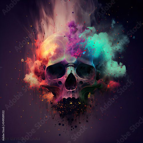 A human skull exploding. Beautiful colors, smoke and particle effects. Digital art.