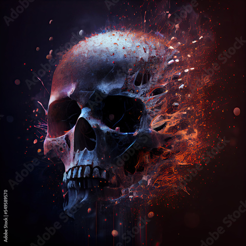 A human skull exploding. Beautiful colors, smoke and particle effects. Digital art.