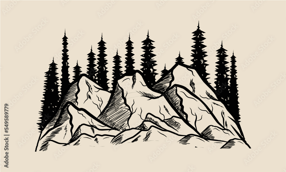 Hand drawn illustration of a mountain. Can be printed on stickers, t-shirts, etc. EPS and JPG file formats.
