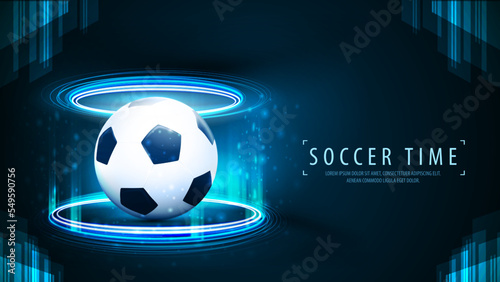 Blue digital hologram podium in cylindrical shape with football ball inside