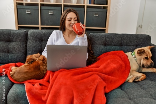 Photography Young hispanic woman using laptop and drinking coffee sitting on sofa with dogs