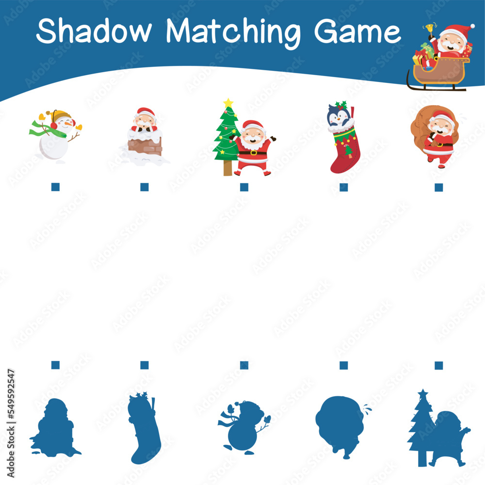 Shadow matching game worksheet Educational printable worksheet for children with Christmas theme. Matching the images with the shadow worksheet. Vector file. Shadow matching game worksheet Educational printable worksheet for children with Christmas theme. Matching the images with the shadow worksheet. Vector file.