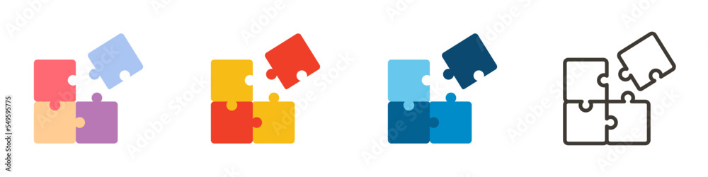 Trendy puzzle icon. Vector illustration of four puzzle matching pieces for concepts of games, toys, business and start up strategies and solutions. 4 different styles and colors - obrazy, fototapety, plakaty 