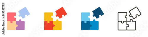 Trendy puzzle icon. Vector illustration of four puzzle matching pieces for concepts of games, toys, business and start up strategies and solutions. 4 different styles and colors photo
