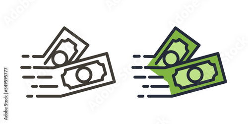 Money vector icon. Bank note Dollar bill flying from sender to receiver. Design illustration for money, wealth, investment and finance concepts. 2 Different styles, thin line and filled outline