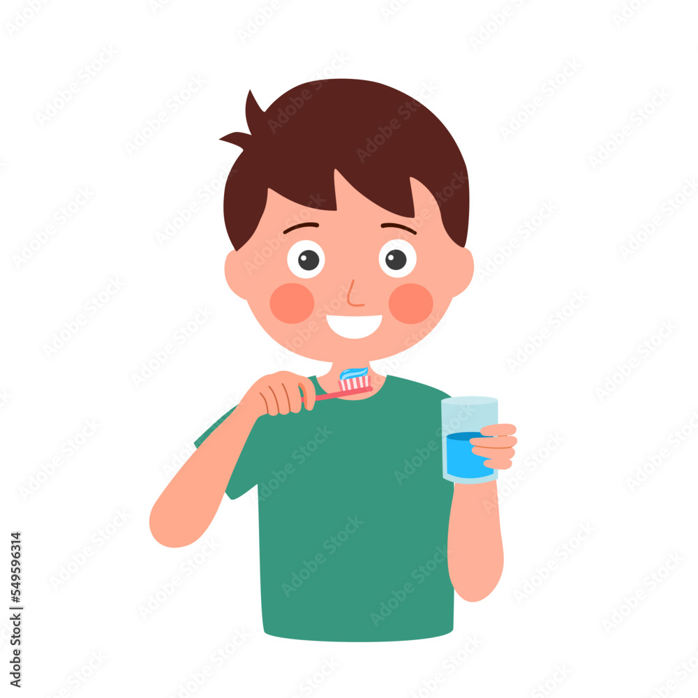 Children boy brushing teeth in the bathroom in flat design. Kids cleaning teeth to prevent tooth decay. Dental care. Children boy brushing teeth in the bathroom in flat design. Kids cleaning teeth to prevent tooth decay. Dental care.