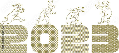 和柄の２０２３の数字の上に乗る鳥獣戯画のウサギの新年・お正月用のベクターイラスト（金単色）