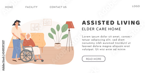 Assisted living and residential care facility vector banner template. Social worker taking care of disabled elderly person on wheelchair. Old woman living in senior house. Home care services.