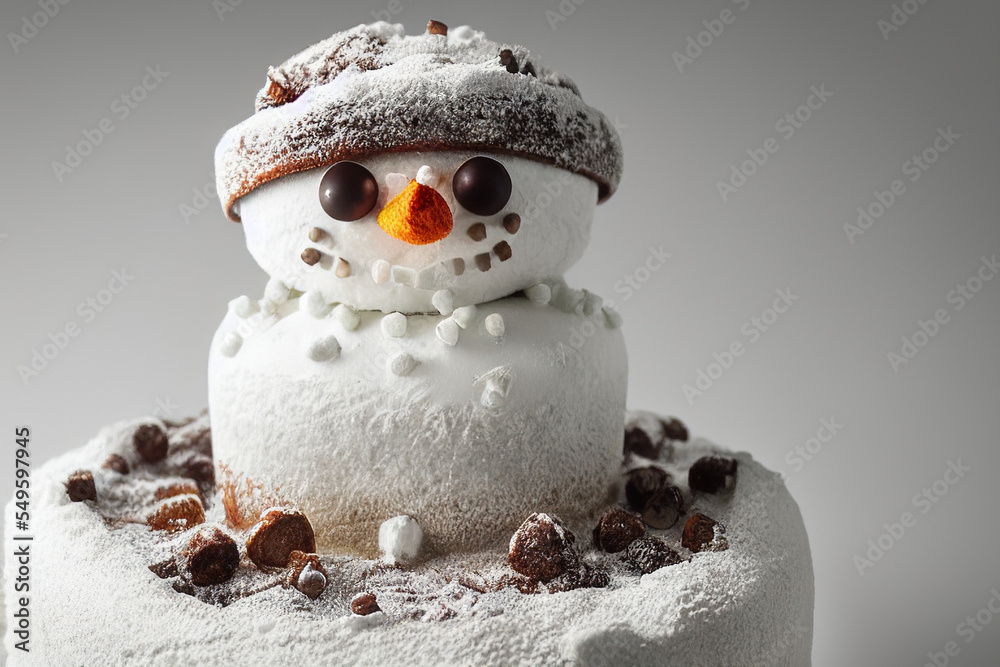Obraz premium Delicious beautiful snowman cake with white chocolate and coconut powder on the snow wearing a brown hat with chocolate pieces as ornaments