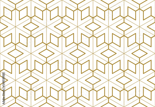 Six pointed star Islamic style repeat pattern with 3d effect in gold color outline, geometric vector illustration	