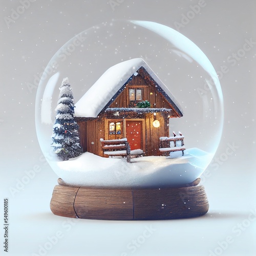Christmas snowglobe with cozy house in a village and christmas tree with bokeh lights and empty background photo