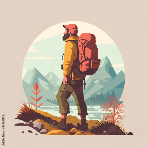 Hiker person hiking or trekking with backpack walking in mountain forest outdoor wilderness landscape, vector illustration