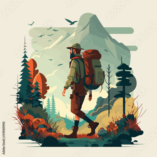 Hiker person hiking or trekking with backpack walking in mountain forest outdoor wilderness landscape, vector illustration