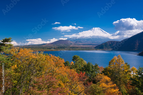 紅葉の本栖湖と冠雪した富士山