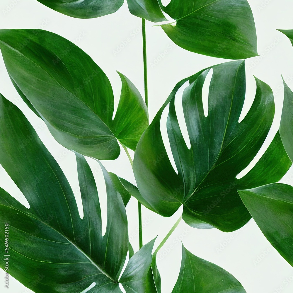 Obraz premium Green tropical palm leaves Monstera isolated on white background seamless texture pattern wallpaper. Flat lay, top view.