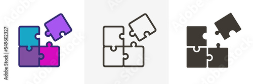 Trendy puzzle icon. Vector illustration of four puzzle matching pieces for concepts of games, toys, business and start up strategies and solutions. In 3 different styles