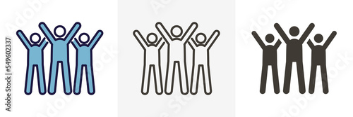 Characters celebrating. Vector trendy thin line icon illustration design. Teamwork success, business partnership strategy, charity volunteers. 3 Different styles