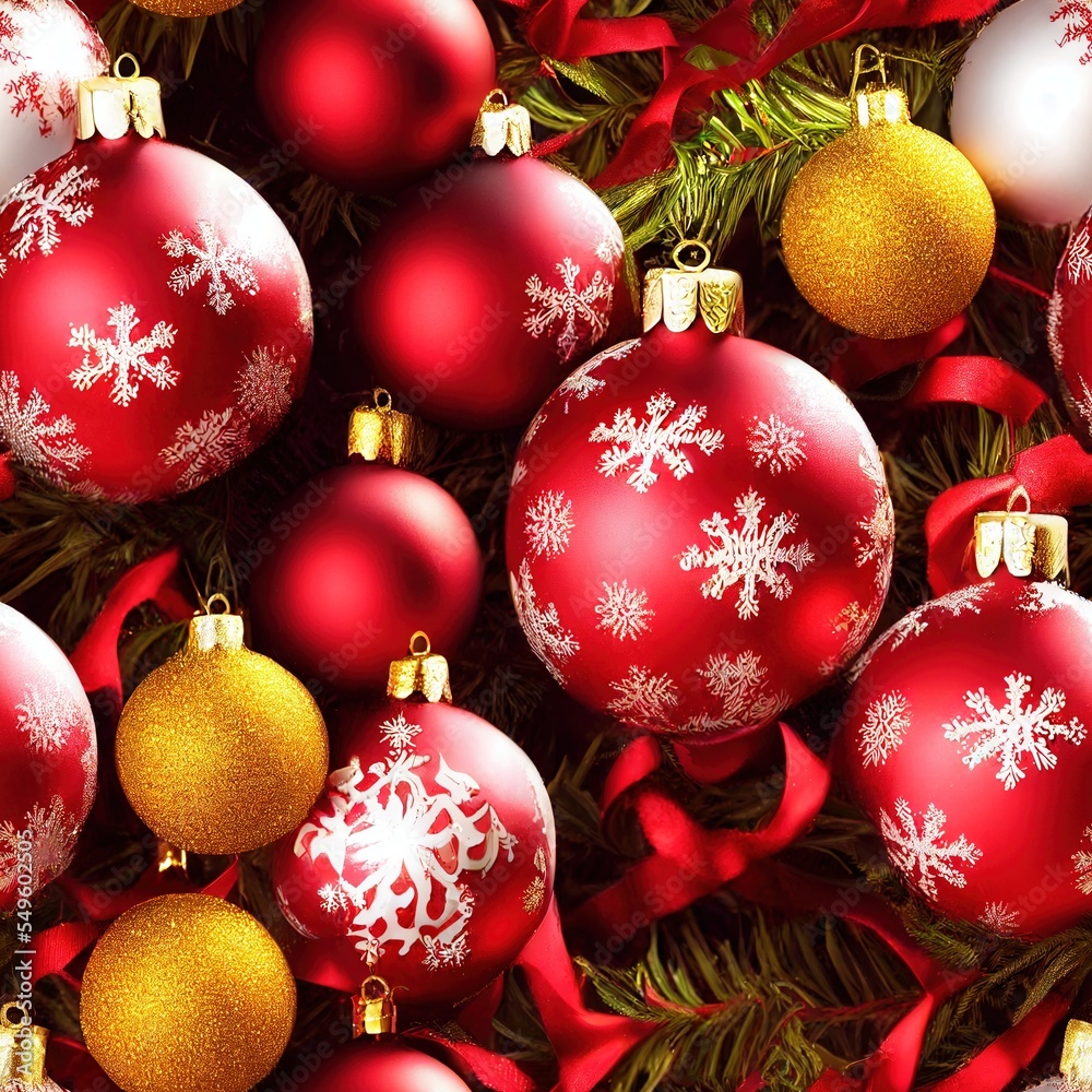 Christmas red background seamless pattern texture with snowflakes, balls, baubles decoration Christmas red background seamless pattern texture with snowflakes, balls, baubles decoration