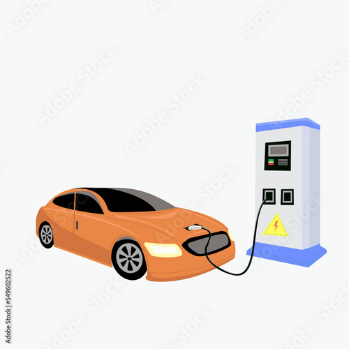 Perspectives electric vehicle car charging parking at the charger station with a plug in cable. Charging in the beside of car to battery. Isolated flat vector illustration on white background.