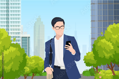 young asian business man commuter commuting in modern city on foot