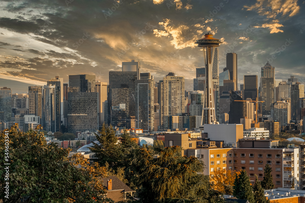 Seattle panorama view with sunset sky