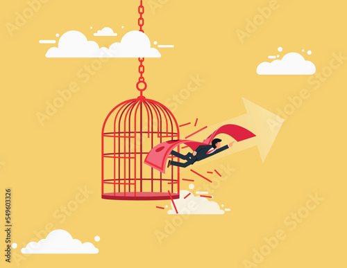 Hope and liberty. Brave businessman escape from birdcage using his money wings, get out of comfort zone to find new job photo