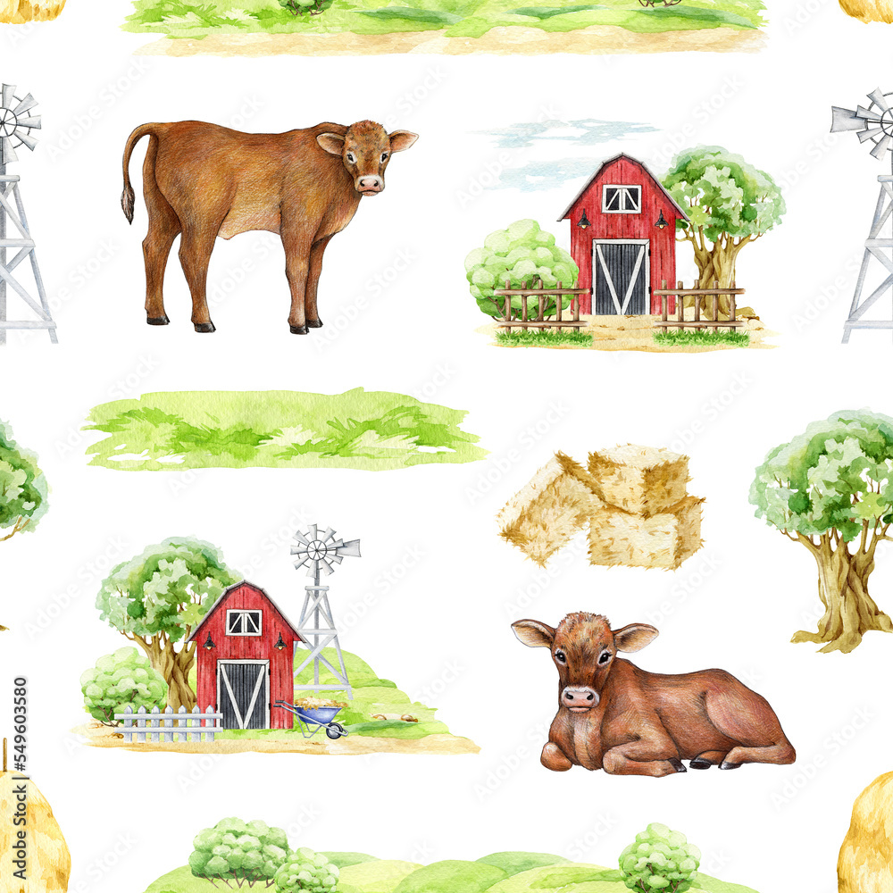 Country life farm elements seamless pattern. Hand drawn cow, red barn, tree, windmill, green meadow, hay, house elements. Countryside village life seamless pattern. White background Country life farm elements seamless pattern. Hand drawn cow, red barn, tree, windmill, green meadow, hay, house elements. Countryside village life seamless pattern. White background