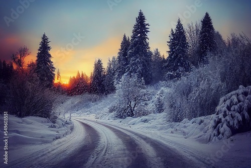 Sunset in the mountains forest covered in snow landscape, snowy path