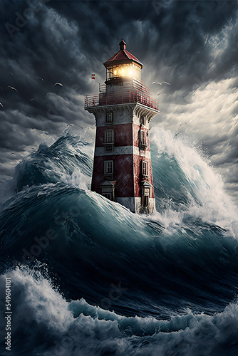Leinwand Poster Fantasy lighthouse in the Arctic Ocean