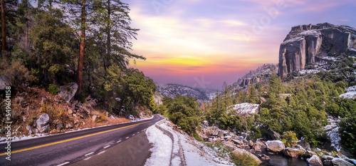 Road trip with snow in California's Yosemite National Park, California, USA.