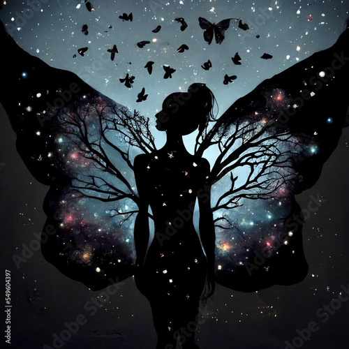 Fairy silhouette, butterfly wings with tree branches and stars in the background photo