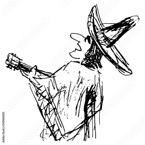 Funny Mexican man wearing poncho and sombrero  hat playing guitar and singing serenade song. Hand drawn linear doodle rough sketch. Black silhouette on white background.