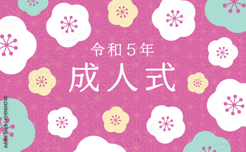 日本らしい梅模様の和風お祝いフレーム素材_成人式 成人の日_ピンク平成ポップ