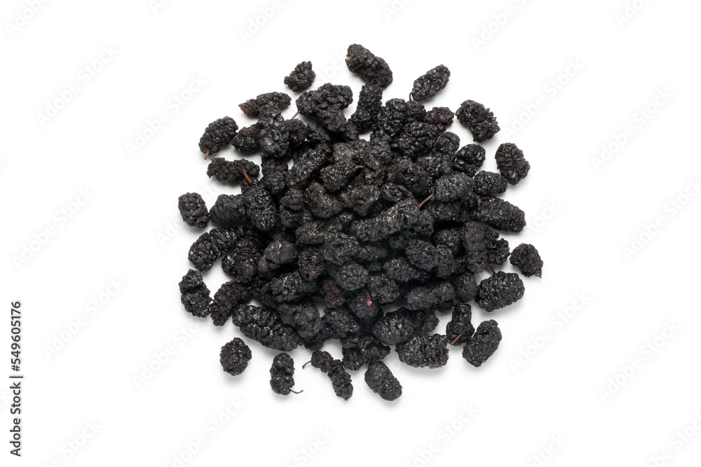 Dried black mulberries on white background Dried black mulberries on white background