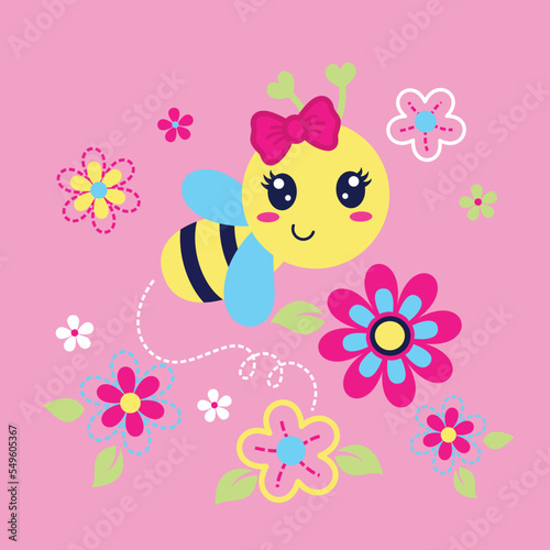 cute bee with beautiful flowers vector