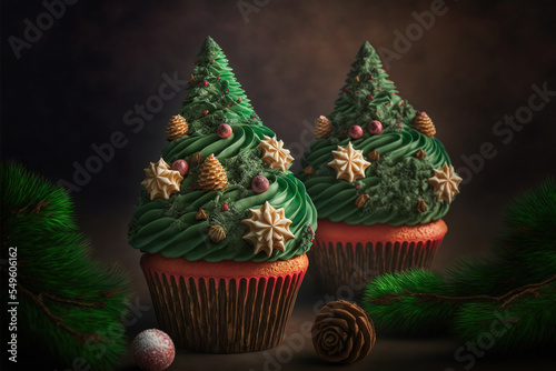 Yummy cupcakes with a green icing decorated christmas pine tree 