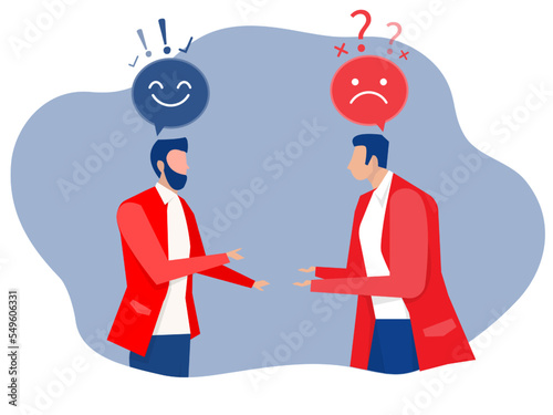 Two business people different thinking between blue plus and red minus signs in speech bubbles. Positive and negative concept vector illustrator
