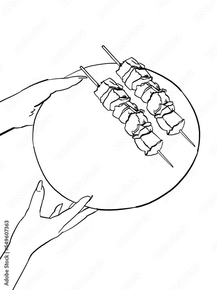 An Illustration of a womans hands serving michopo kebab meat on a plate An Illustration of a womans hands serving michopo kebab meat on a plate